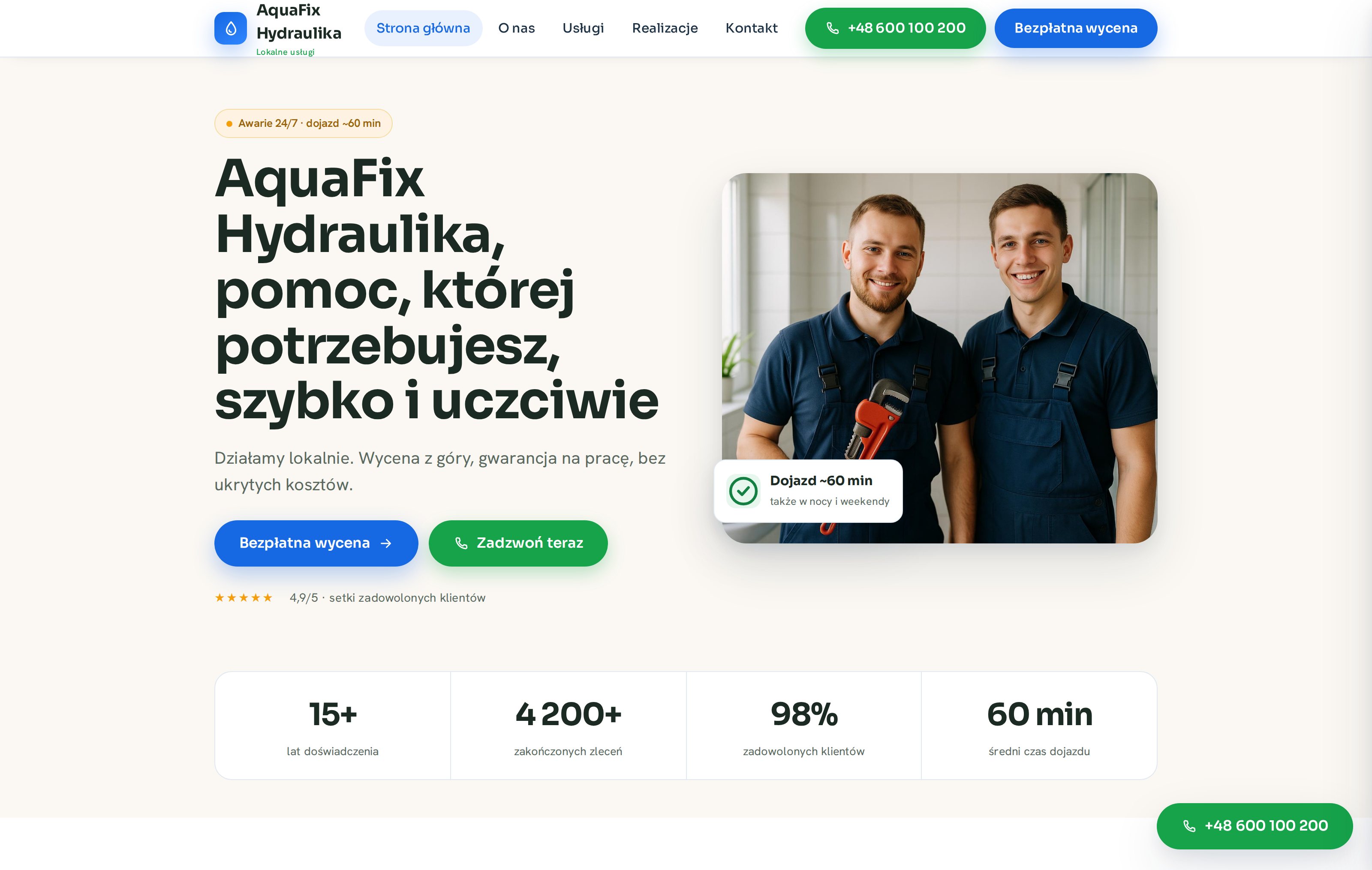 Góra strony hydraulika z widocznym telefonem, przyciskiem wyceny i zdjęciem zespołu